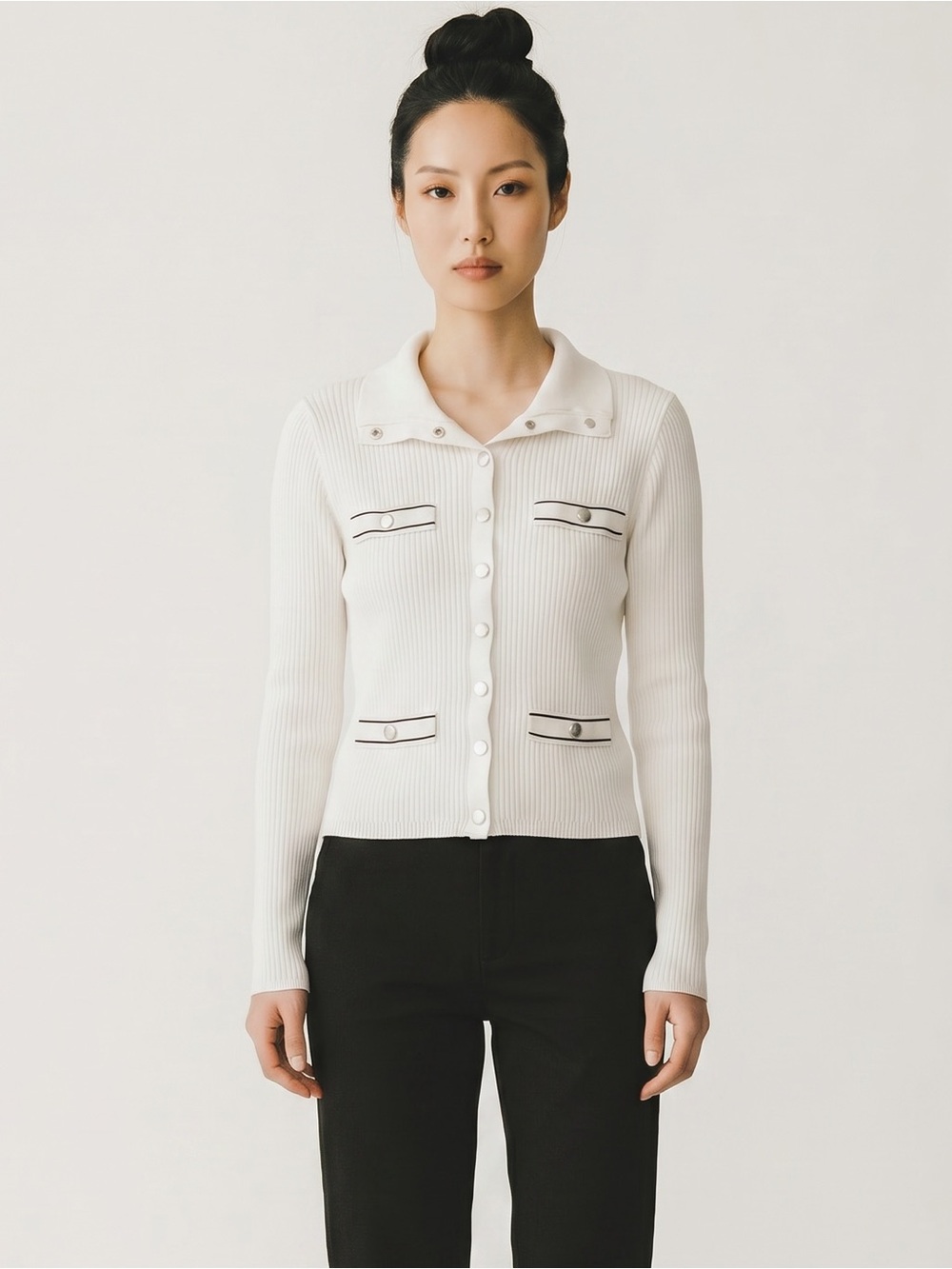 Jason Wu Cream Ribbed Snap Cardigan with Contrast Trim. Quiet luxury. Designer